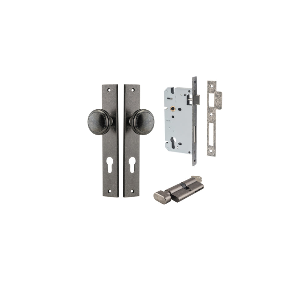 Door Knob Paddington Rectangular Euro Distressed Nickel CTC85mm H240xW38xP68mm Entrance Kit Mortice Lock Euro Distressed Nickel CTC85mm Backset 60mm, Euro Cylinder Key Thumb 6 Pin Distressed Nickel L70mm KA1 in Distressed Nickel