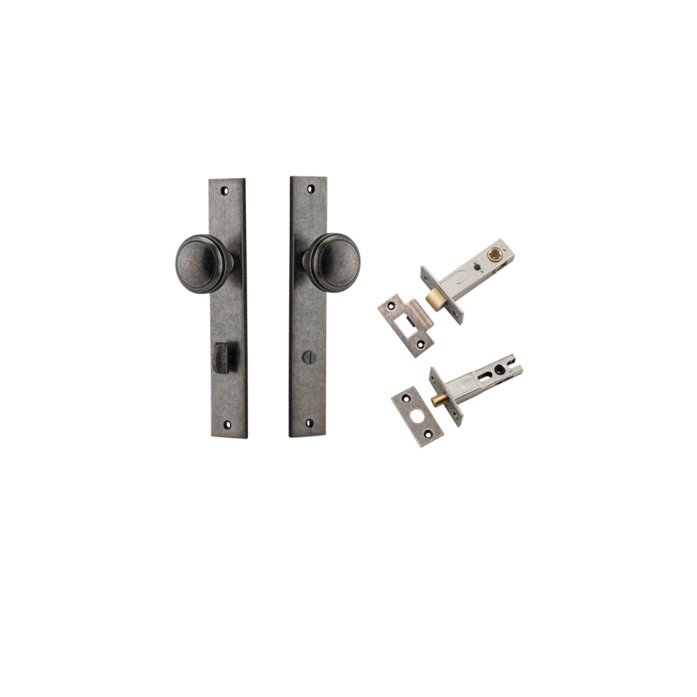 Door Knob Paddington Rectangular Privacy Distressed Nickel CTC85mm H240xW38xP68mm Inbuilt Privacy Kit Tube Latch Split Cam 'T' Striker Distressed Nickel Backset 60mm, Privacy Bolt Round Bolt Distressed Nickel Backset 60mm in Distressed Nickel