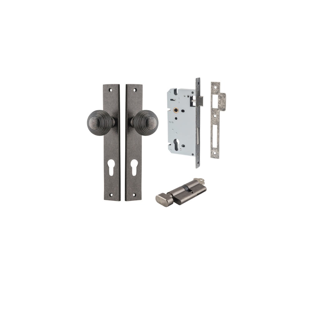 Door Knob Guildford Rectangular Euro Distressed Nickel CTC85mm H240xW38xP60mm Entrance Kit Mortice Lock Euro Distressed Nickel CTC85mm Backset 60mm, Euro Cylinder Key Thumb 6 Pin Distressed Nickel L70mm KA1 in Distressed Nickel