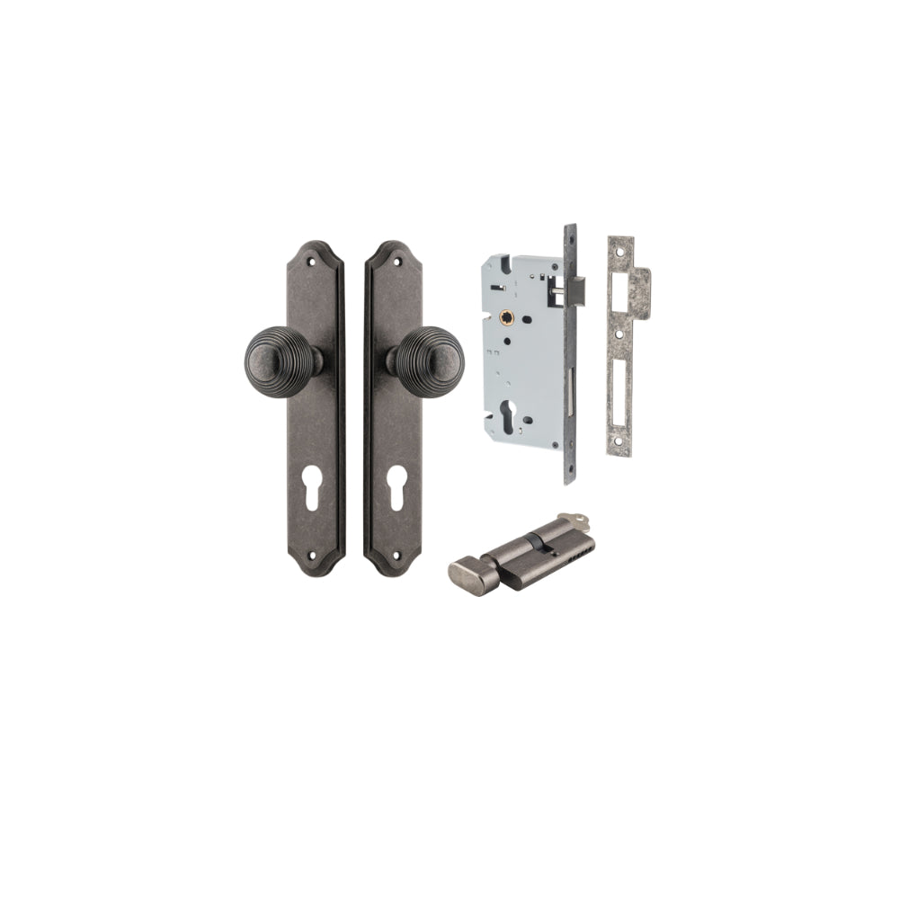 Door Knob Guildford Shouldered Euro Distressed Nickel CTC85mm H240xW50xP60mm Entrance Kit, Mortice Lock Euro Distressed Nickel CTC85mm Backset 60mm, Euro Cylinder Key Thumb 6 Pin Distressed Nickel L70mm KA1 in Distressed Nickel