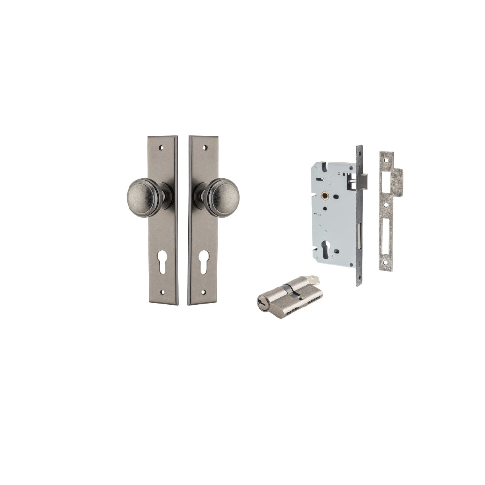 Door Knob Paddington Chamfered Euro Pair Distressed Nickel CTC85mm D55xP63mm BPH240xW50mm, Mortice Lock Euro Distressed Nickel CTC85mm Backset 60mm, Euro Cylinder Dual Function 5 Pin Distressed Nickel 65mm KA4 in Distressed Nickel