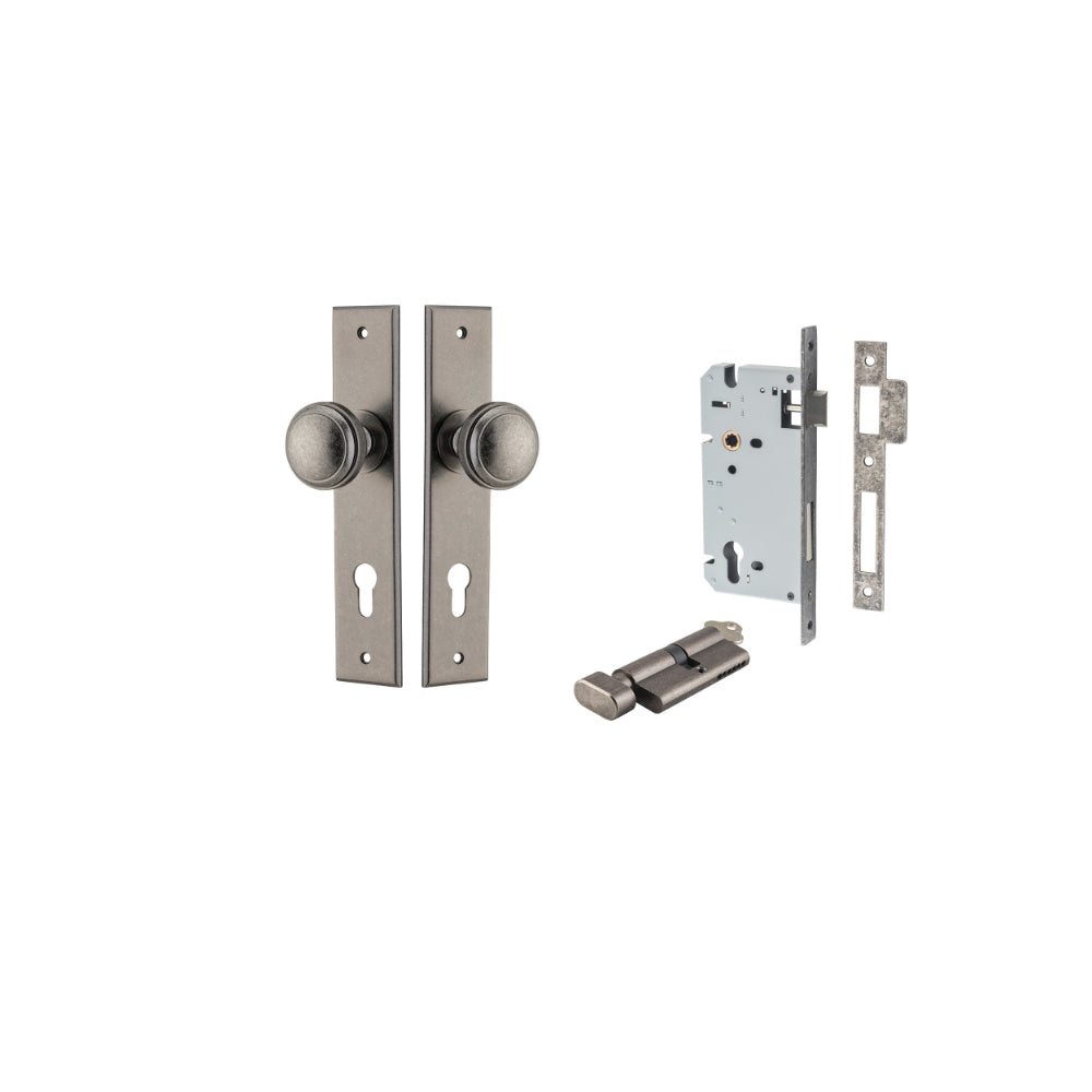 Door Knob Paddington Chamfered Euro Pair Distressed Nickel CTC85mm D55xP63mm BPH240xW50mm, Mortice Lock Euro Distressed Nickel CTC85mm Backset 60mm, Euro Cylinder Key Thumb 5 Pin Distressed Nickel 65mm KA4 in Distressed Nickel