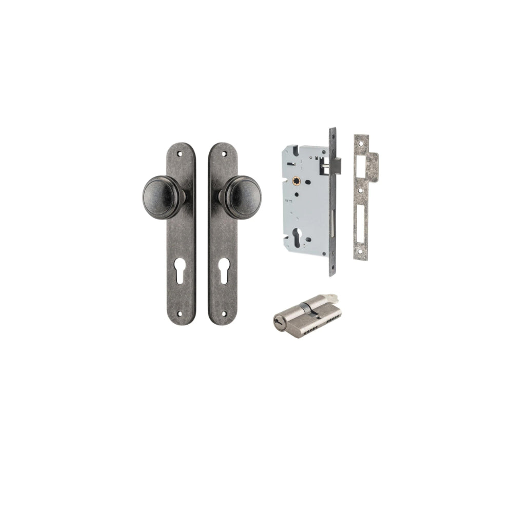 Door Knob Paddington Oval Euro Distressed Nickel CTC85mm H240xW40xP68mm Entrance Kit, Mortice Lock Euro Distressed Nickel CTC85mm Backset 60mm, Euro Cylinder Dual Function 5 Pin Distressed Nickel L65mm KA1 in Distressed Nickel