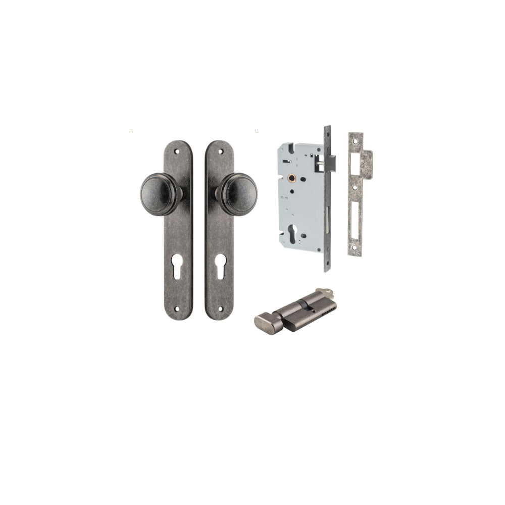 Door Knob Paddington Oval Euro Distressed Nickel CTC85mm H240xW40xP68mm Entrance Kit, Mortice Lock Euro Distressed Nickel CTC85mm Backset 60mm, Euro Cylinder Key Thumb 6 Pin Distressed Nickel L70mm KA1 in Distressed Nickel