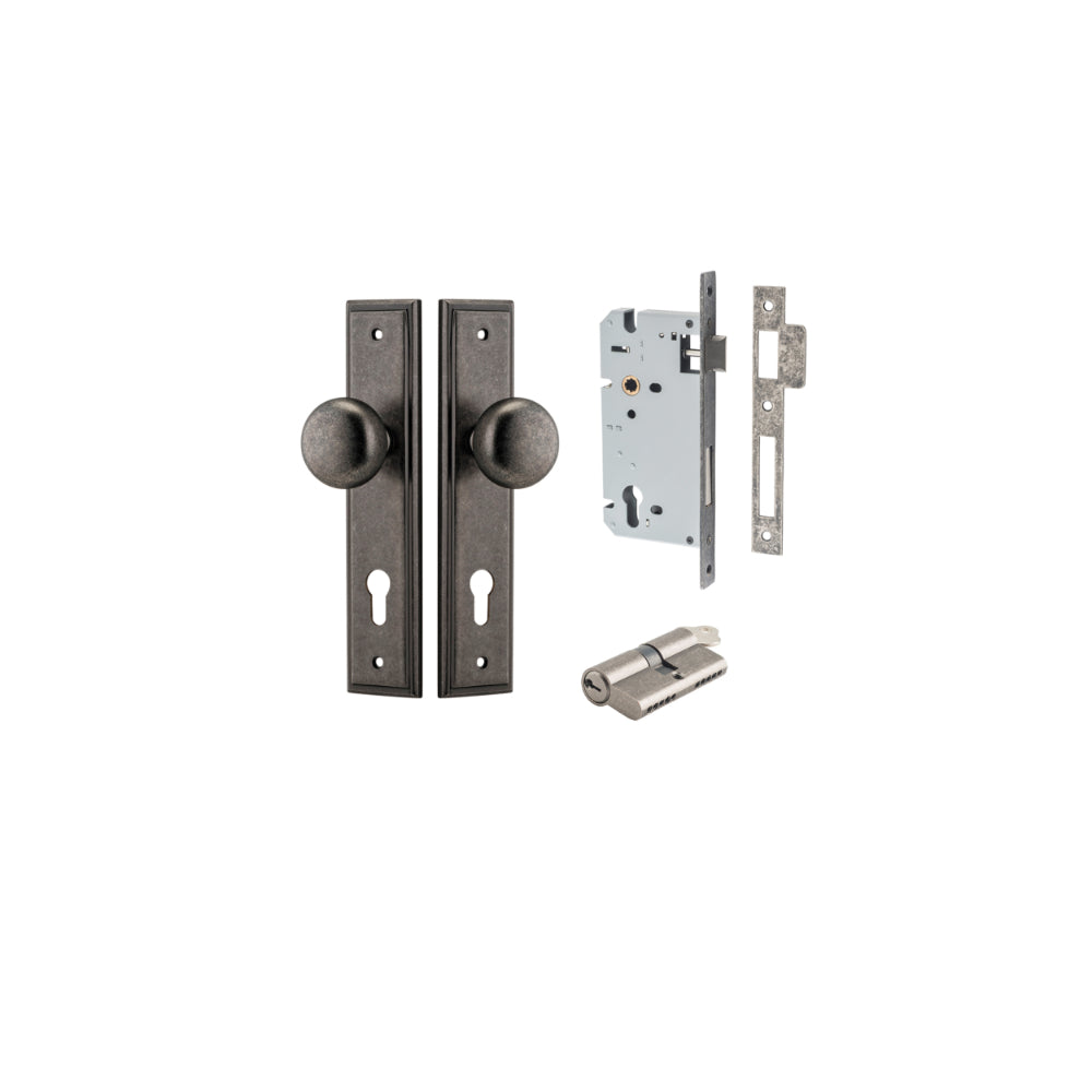 Door Knob Cambridge Stepped Euro Distressed Nickel CTC85mm H240xW50xP67mm Entrance Kit, Mortice Lock Euro Distressed Nickel CTC85mm Backset 60mm, Euro Cylinder Dual Function 5 Pin Distressed Nickel L65mm KA1 in Distressed Nickel