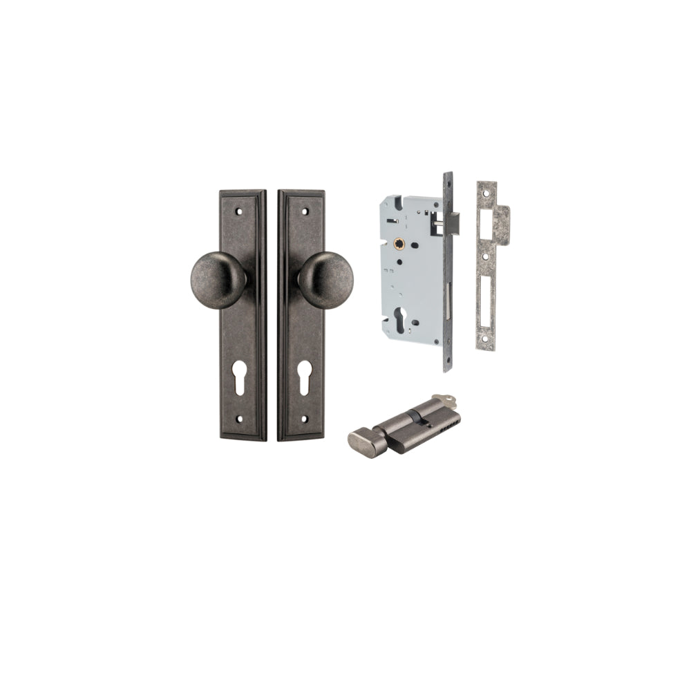 Door Knob Cambridge Stepped Euro Distressed Nickel CTC85mm H240xW50xP67mm Entrance Kit, Mortice Lock Euro Distressed Nickel CTC85mm Backset 60mm, Euro Cylinder Key Thumb 6 Pin Distressed Nickel L70mm KA1 in Distressed Nickel