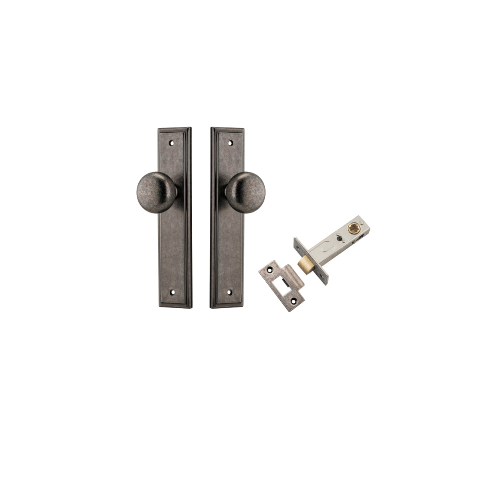 Door Knob Cambridge Stepped Latch Distressed Nickel H240xW50xP67mm Passage Kit, Tube Latch Split Cam 'T' Striker Distressed Nickel Backset 60mm in Distressed Nickel