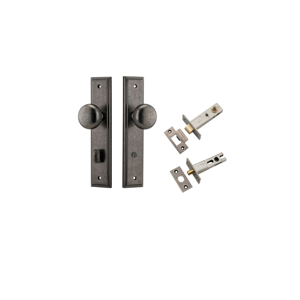 Door Knob Cambridge Stepped Privacy Distressed Nickel CTC85mm H240xW50xP67mm Inbuilt Privacy Kit, Tube Latch Split Cam 'T' Striker Distressed Nickel Backset 60mm, Privacy Bolt Round Bolt Distressed Nickel Backset 60mm in Distressed Nickel