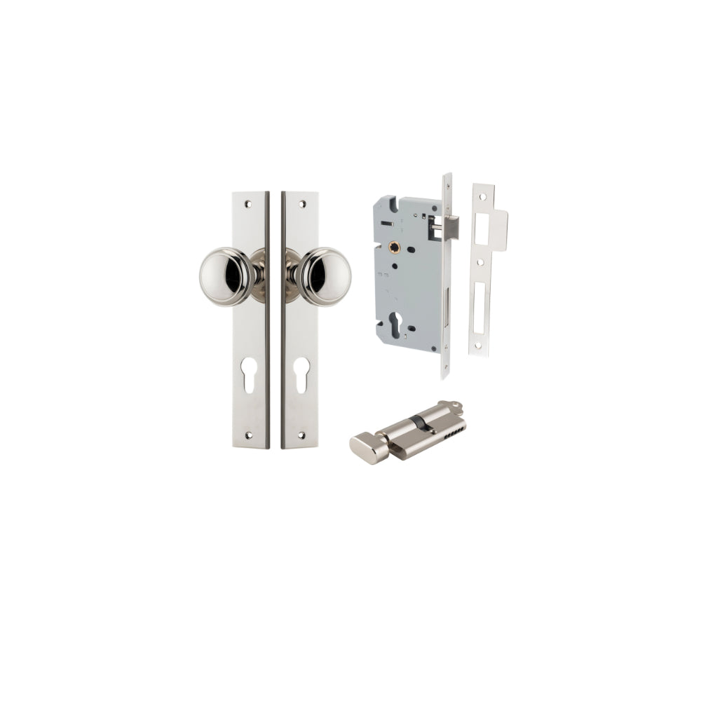 Door Knob Paddington Rectangular Euro Polished Nickel CTC85mm H240xW38xP68mm Entrance Kit Mortice Lock Euro Polished Nickel CTC85mm Backset 60mm, Euro Cylinder Key Thumb 6 Pin Polished Nickel L70mm KA1 in Polished Nickel
