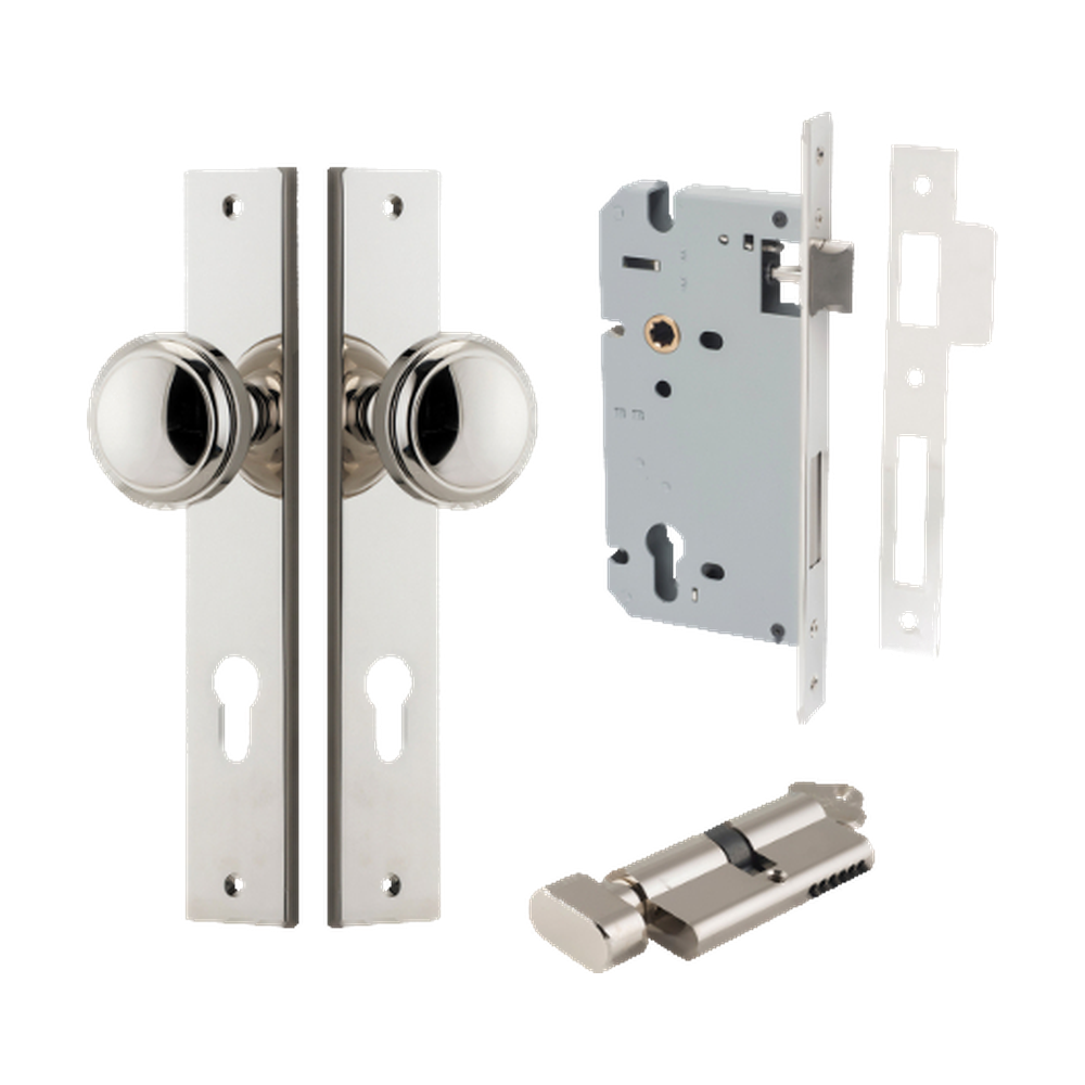 Door Knob Paddington Rectangular Euro Polished Nickel CTC85mm H240xW38xP68mm Entrance Kit Mortice Lock Euro Polished Nickel CTC85mm Backset 60mm, Euro Cylinder Key Thumb 6 Pin Polished Nickel L70mm KA1 in Polished Nickel