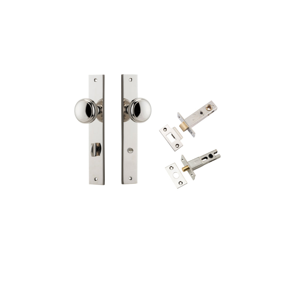 Door Knob Paddington Rectangular Privacy Polished Nickel CTC85mm H240xW38xP68mm Inbuilt Privacy Kit Tube Latch Split Cam 'T' Striker Polished Nickel Backset 60mm, Privacy Bolt Round Bolt Polished Nickel Backset 60mm in Polished Nickel