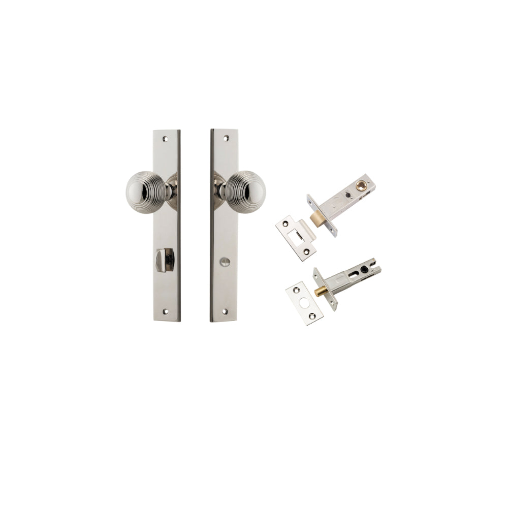 Door Knob Guildford Rectangular Privacy Polished Nickel CTC85mm H240xW38xP60mm Inbuilt Privacy Kit Tube Latch Split Cam 'T' Striker Polished Nickel Backset 60mm, Privacy Bolt Round Bolt Polished Nickel Backset 60mm in Polished Nickel