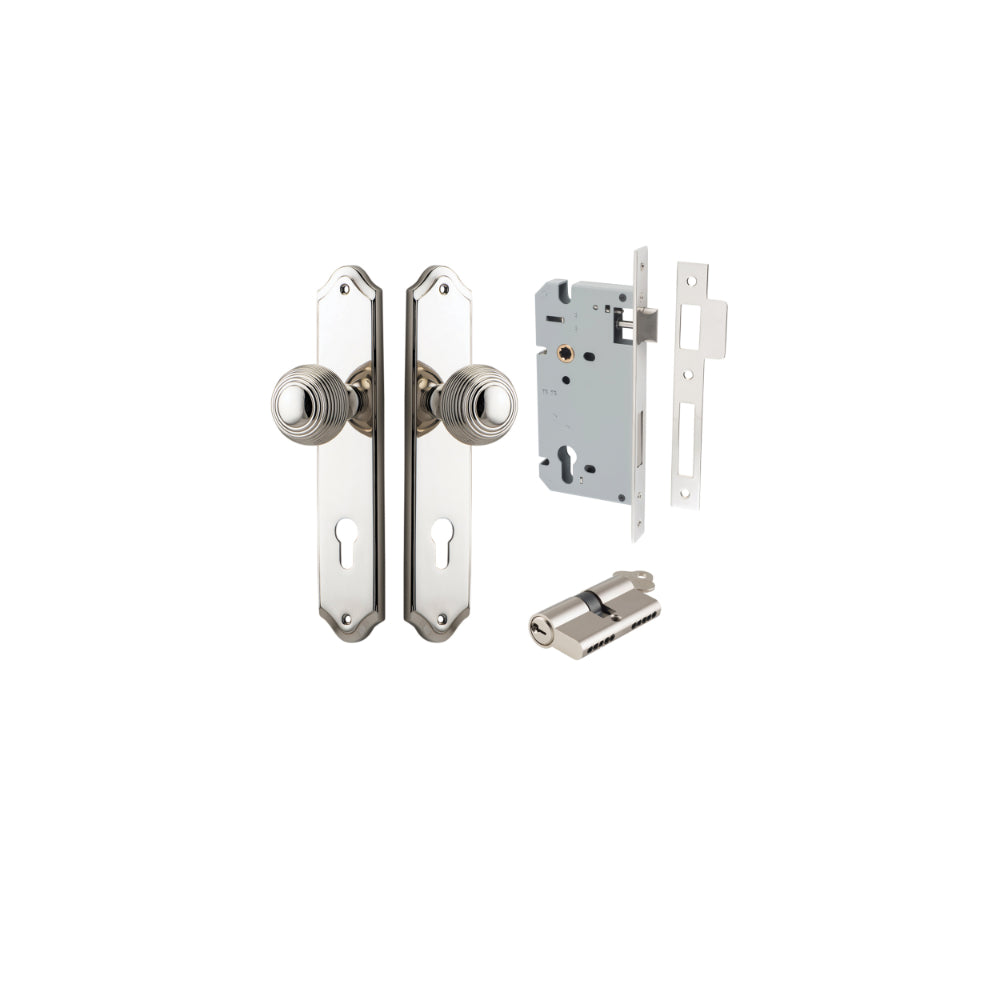 Door Knob Guildford Shouldered Euro Polished Nickel CTC85mm H240xW50xP60mm Entrance Kit, Mortice Lock Euro Polished Nickel CTC85mm Backset 60mm, Euro Cylinder Dual Function 5 Pin Polished Nickel L65mm KA1 in Polished Nickel