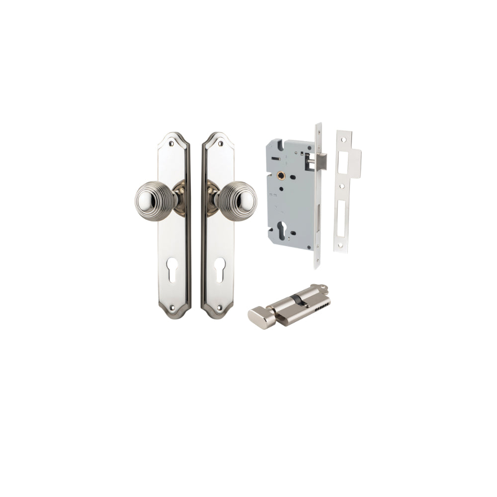 Door Knob Guildford Shouldered Euro Polished Nickel CTC85mm H240xW50xP60mm Entrance Kit, Mortice Lock Euro Polished Nickel CTC85mm Backset 60mm, Euro Cylinder Key Thumb 6 Pin Polished Nickel L70mm KA1 in Polished Nickel