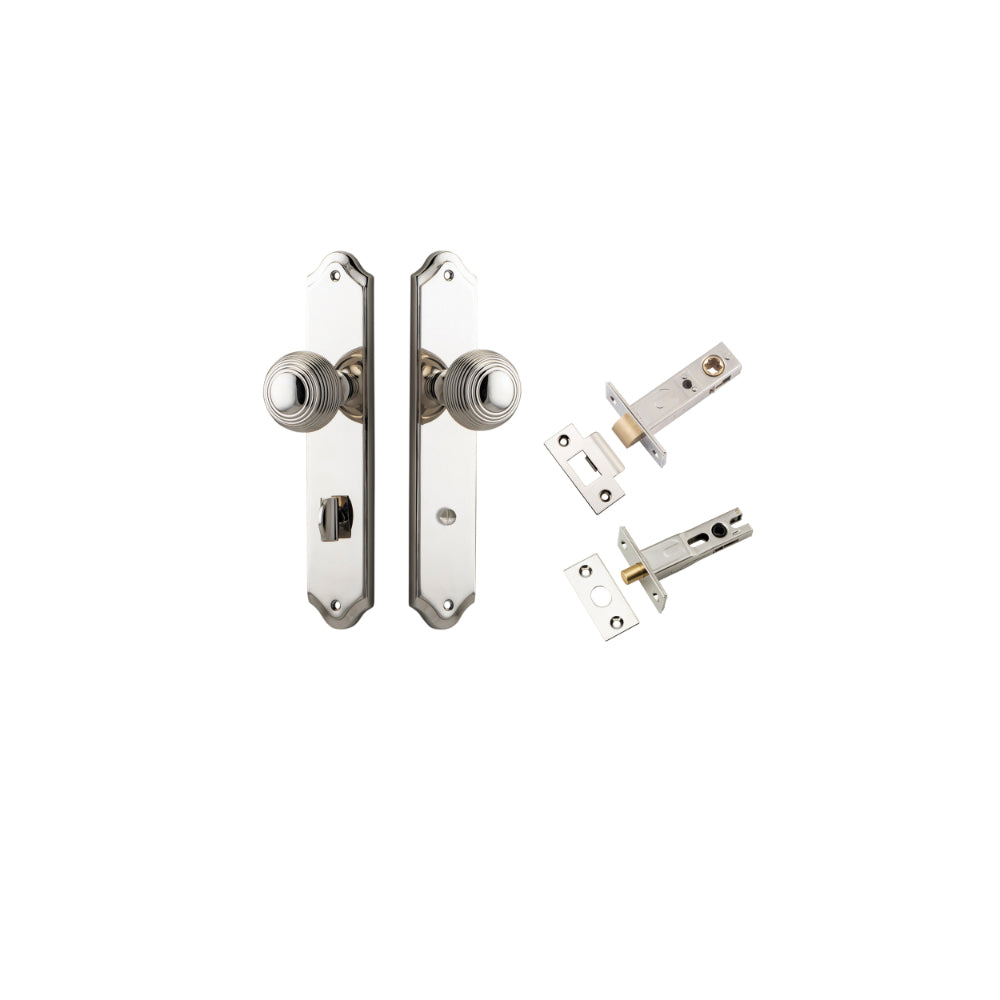 Door Knob Guildford Shouldered Privacy Polished Nickel CTC85mm H240xW50xP60mm Inbuilt Privacy Kit, Tube Latch Split Cam 'T' Striker Polished Nickel Backset 60mm, Privacy Bolt Round Bolt Polished Nickel Backset 60mm in Polished Nickel
