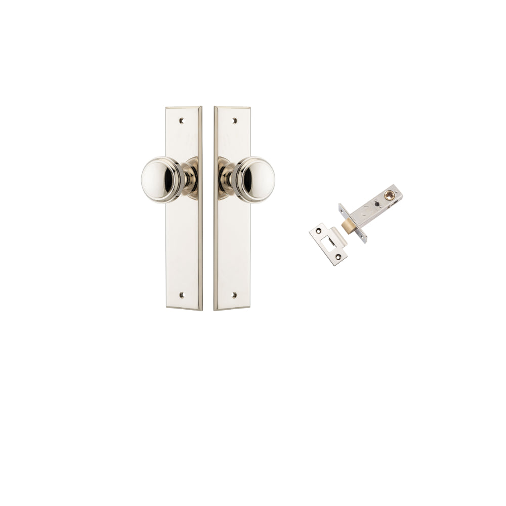 Door Knob Paddington Chamfered Polished Nickel D55xP63mm BPH240xW50mm Passage Kit, Tube Latch Split Cam 'T' Striker Polished Nickel Backset 60mm in Polished Nickel