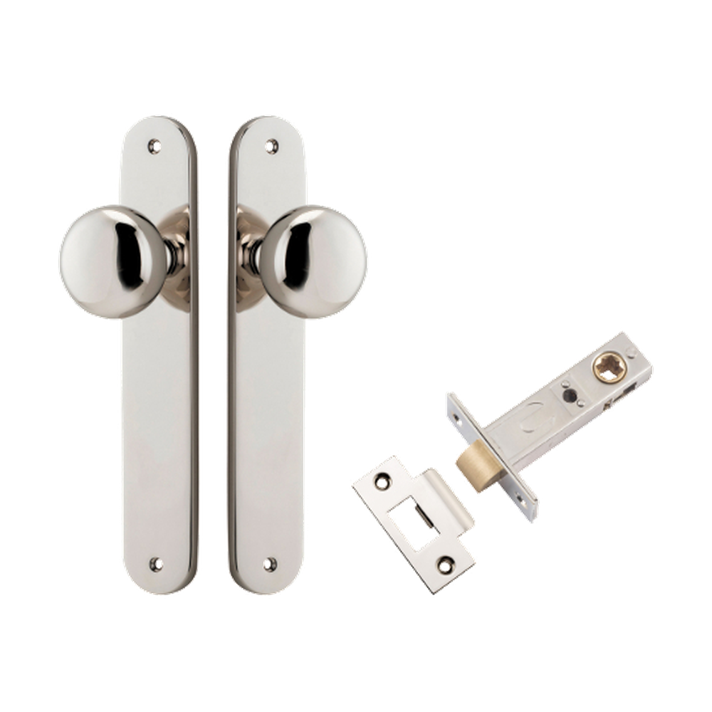 Door Knob Cambridge Oval Latch Polished Nickel H240xW40xP67mm Passage Kit, Tube Latch Split Cam 'T' Striker Polished Nickel Backset 60mm in Polished Nickel