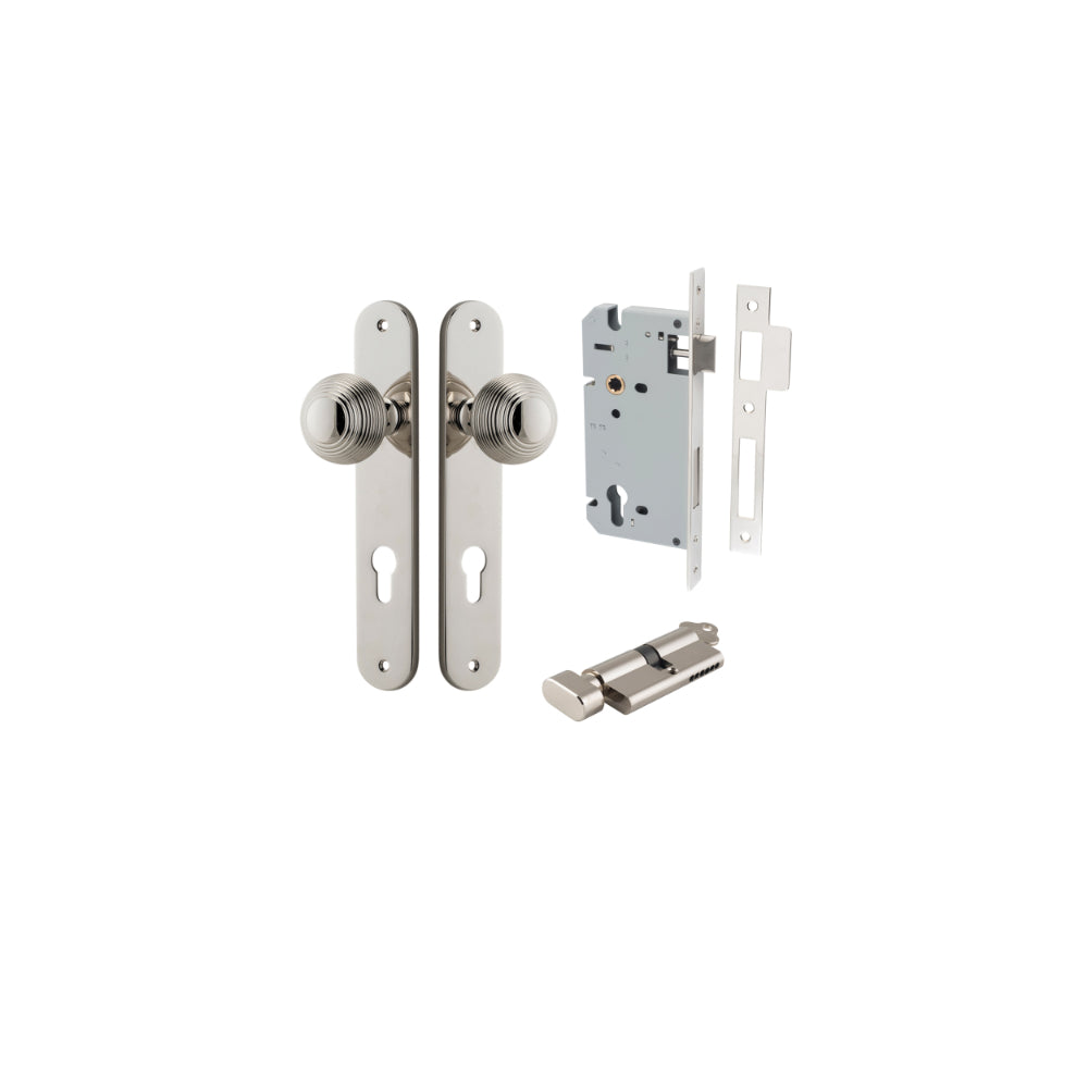 Door Knob Guildford Oval Euro Polished Nickel CTC85mm H240xW40xP60mm Entrance Kit, Mortice Lock Euro Polished Nickel CTC85mm Backset 60mm, Euro Cylinder Key Thumb 6 Pin Polished Nickel L70mm KA1 in Polished Nickel