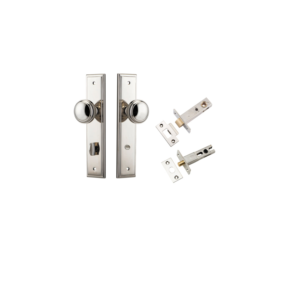 Door Knob Paddington Stepped Privacy Polished Nickel CTC85mm H240xW50xP68mm Inbuilt Privacy Kit, Tube Latch Split Cam 'T' Striker Polished Nickel Backset 60mm, Privacy Bolt Round Bolt Polished Nickel Backset 60mm in Polished Nickel