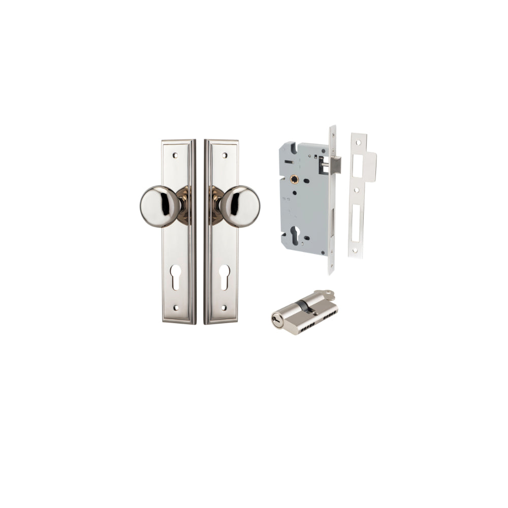 Door Knob Cambridge Stepped Euro Polished Nickel CTC85mm H240xW50xP67mm Entrance Kit, Mortice Lock Euro Polished Nickel CTC85mm Backset 60mm, Euro Cylinder Dual Function 5 Pin Polished Nickel L65mm KA1 in Polished Nickel