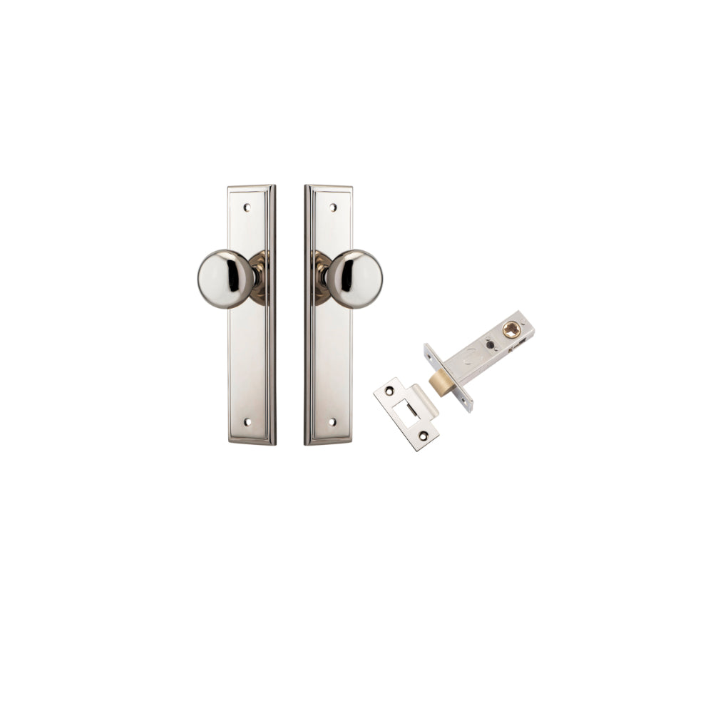 Door Knob Cambridge Stepped Latch Polished Nickel H240xW50xP67mm Passage Kit, Tube Latch Split Cam 'T' Striker Polished Nickel Backset 60mm in Polished Nickel