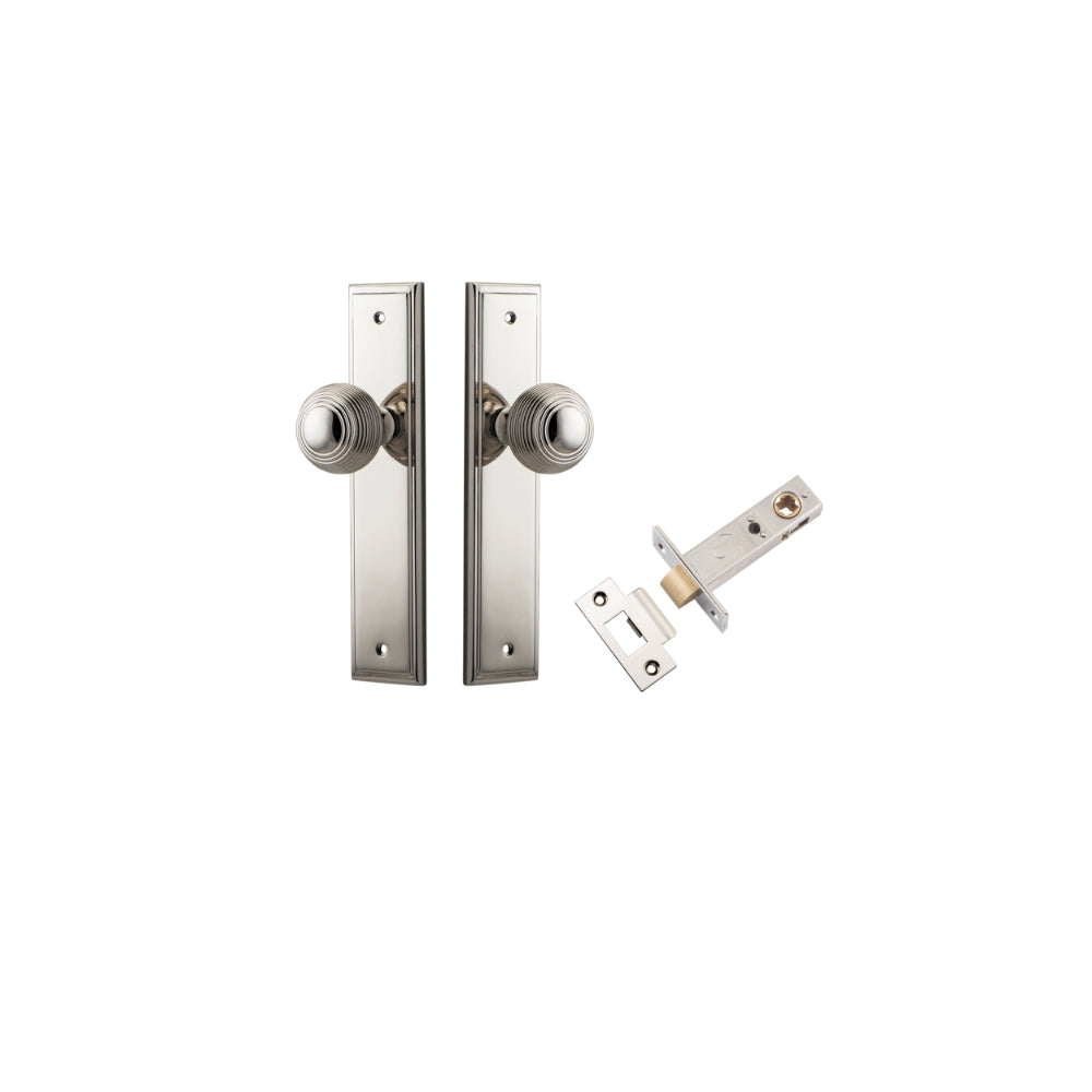 Door Knob Guildford Stepped Latch Polished Nickel H240xW50xP60mm Passage Kit, Tube Latch Split Cam 'T' Striker Polished Nickel Backset 60mm in Polished Nickel