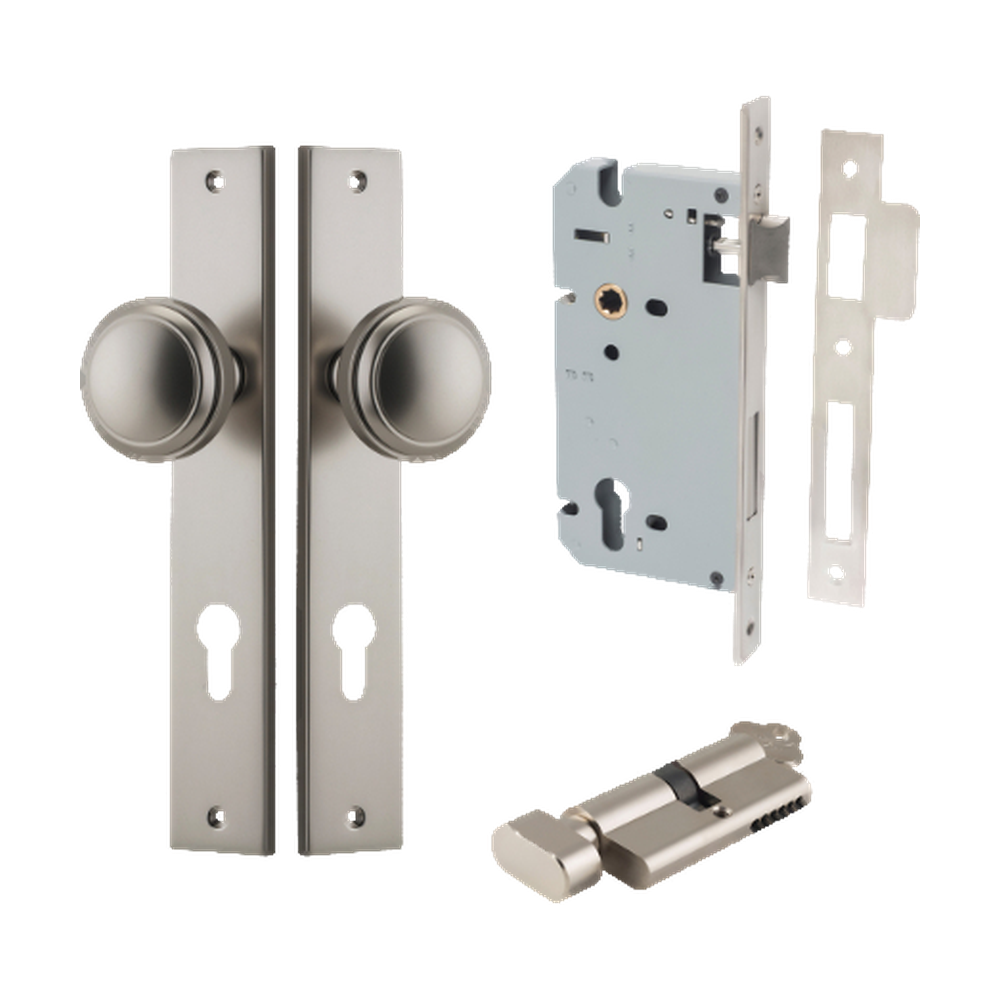 Door Knob Paddington Rectangular Euro Satin Nickel CTC85mm H240xW38xP68mm Entrance Kit Mortice Lock Euro Satin Nickel CTC85mm Backset 60mm, Euro Cylinder Key Thumb 6 Pin Satin Nickel L70mm KA1 in Satin Nickel