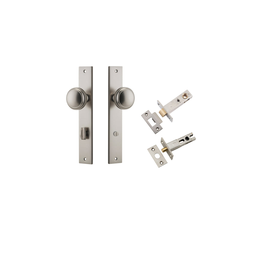 Door Knob Paddington Rectangular Privacy Satin Nickel CTC85mm H240xW38xP68mm Inbuilt Privacy Kit Tube Latch Split Cam 'T' Striker Satin Nickel Backset 60mm, Privacy Bolt Round Bolt Satin Nickel Backset 60mm in Satin Nickel