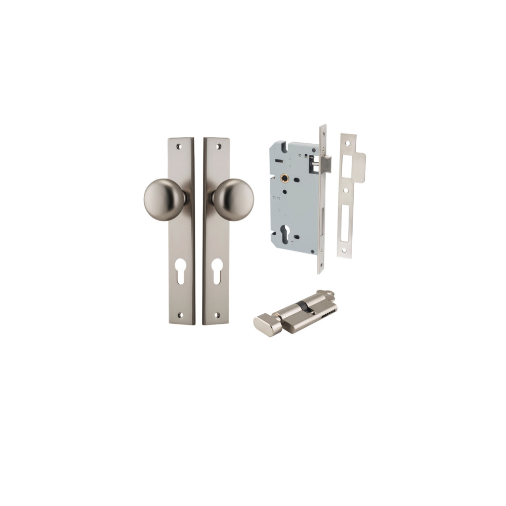Door Knob Cambridge Rectangular Euro Satin Nickel CTC85mm H240xW38xP67mm Entrance Kit Mortice Lock Euro Satin Nickel CTC85mm Backset 60mm, Euro Cylinder Key Thumb 6 Pin Satin Nickel L70mm KA1 in Satin Nickel