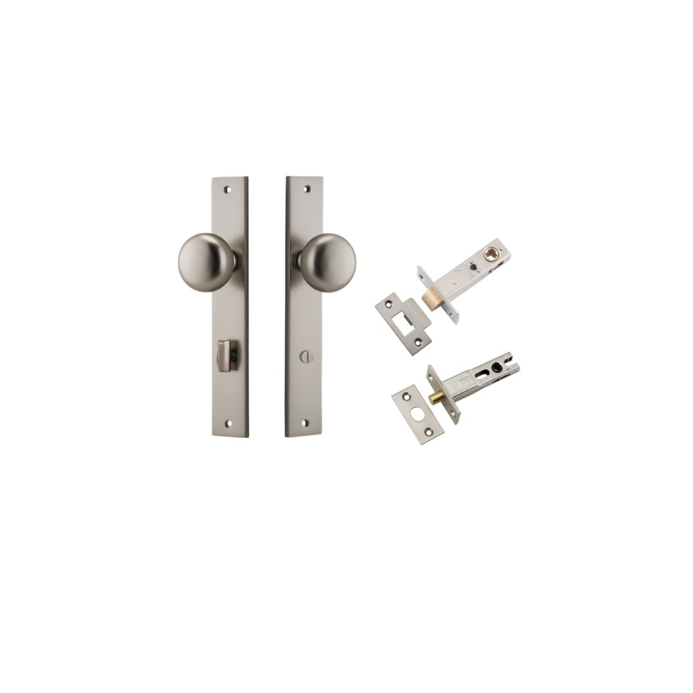 Door Knob Cambridge Rectangular Privacy Satin Nickel CTC85mm H240xW38xP67mm Inbuilt Privacy Kit Tube Latch Split Cam 'T' Striker Satin Nickel Backset 60mm, Privacy Bolt Round Bolt Satin Nickel Backset 60mm in Satin Nickel