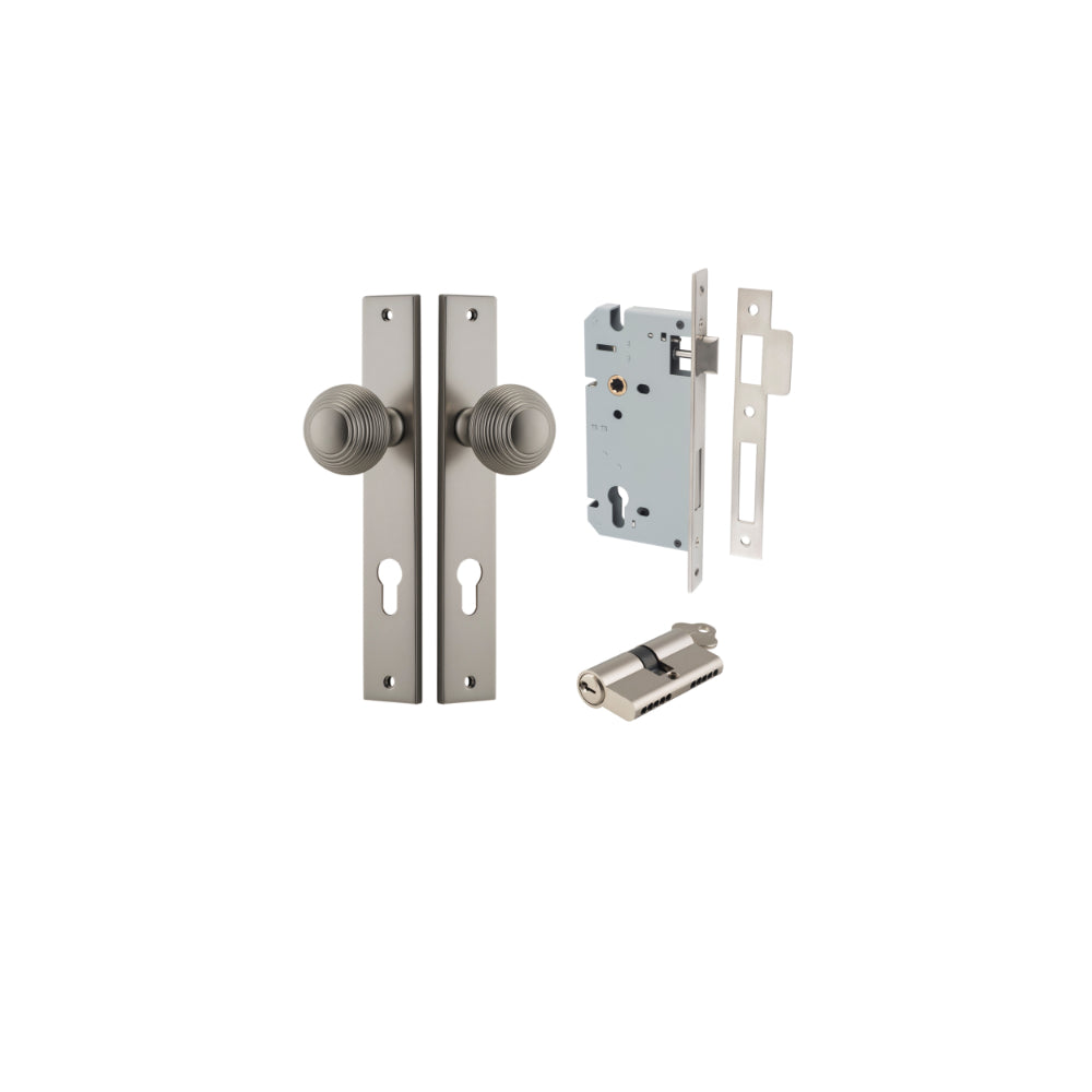 Door Knob Guildford Rectangular Euro Satin Nickel CTC85mm H240xW38xP60mm Entrance Kit Mortice Lock Euro Satin Nickel CTC85mm Backset 60mm, Euro Cylinder Dual Function 5 Pin Satin Nickel L65mm KA1 in Satin Nickel