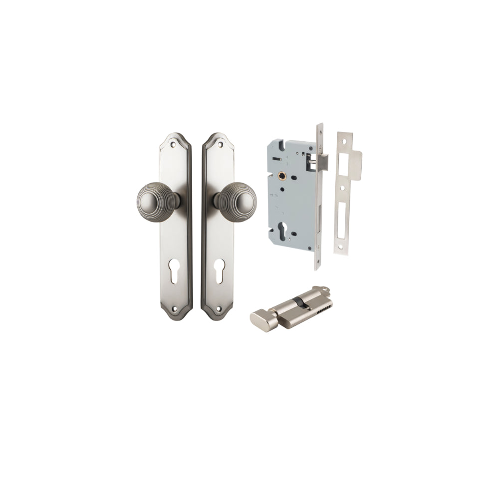 Door Knob Guildford Shouldered Euro Satin Nickel CTC85mm H240xW50xP60mm Entrance Kit, Mortice Lock Euro Satin Nickel CTC85mm Backset 60mm, Euro Cylinder Key Thumb 6 Pin Satin Nickel L70mm KA1 in Satin Nickel