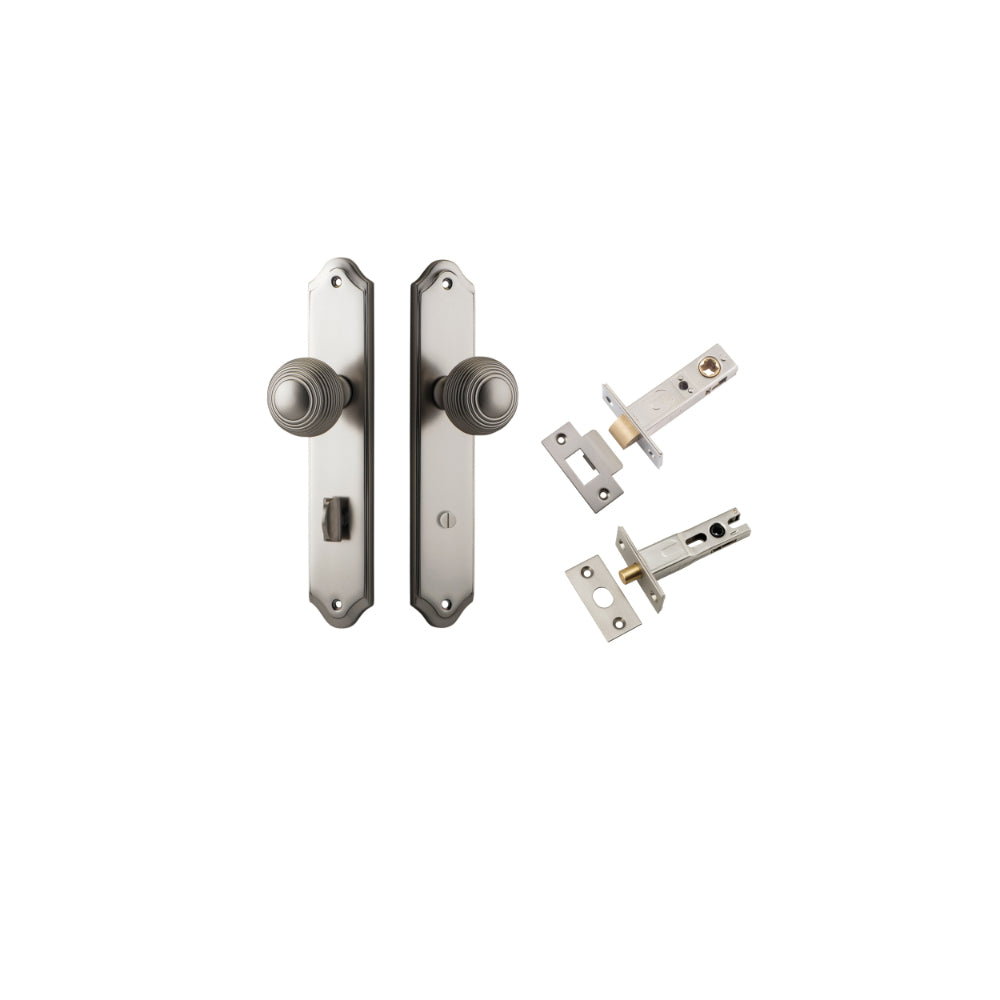 Door Knob Guildford Shouldered Privacy Satin Nickel CTC85mm H240xW50xP60mm Inbuilt Privacy Kit, Tube Latch Split Cam 'T' Striker Satin Nickel Backset 60mm, Privacy Bolt Round Bolt Satin Nickel Backset 60mm in Satin Nickel