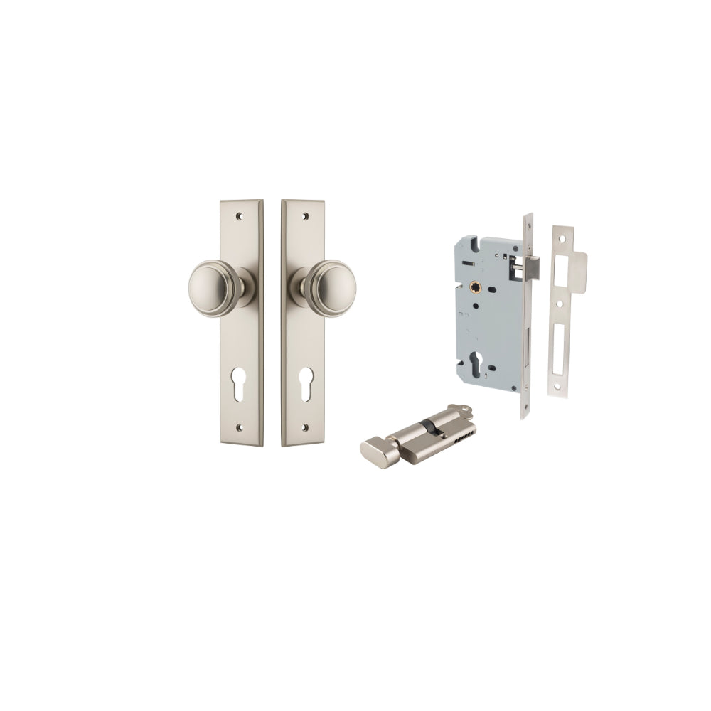 Door Knob Paddington Chamfered Euro Pair Satin Nickel CTC85mm D55xP63mm BPH240xW50mm, Mortice Lock Euro Satin Nickel CTC85mm Backset 60mm, Euro Cylinder Key Thumb 5 Pin Satin Nickel 65mm KA4 in Satin Nickel