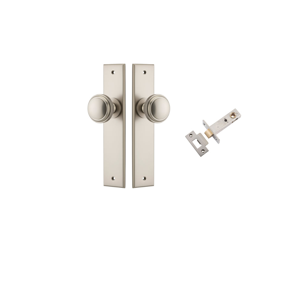Door Knob Paddington Chamfered Satin Nickel D55xP63mm BPH240xW50mm Passage Kit, Tube Latch Split Cam 'T' Striker Satin Nickel Backset 60mm in Satin Nickel