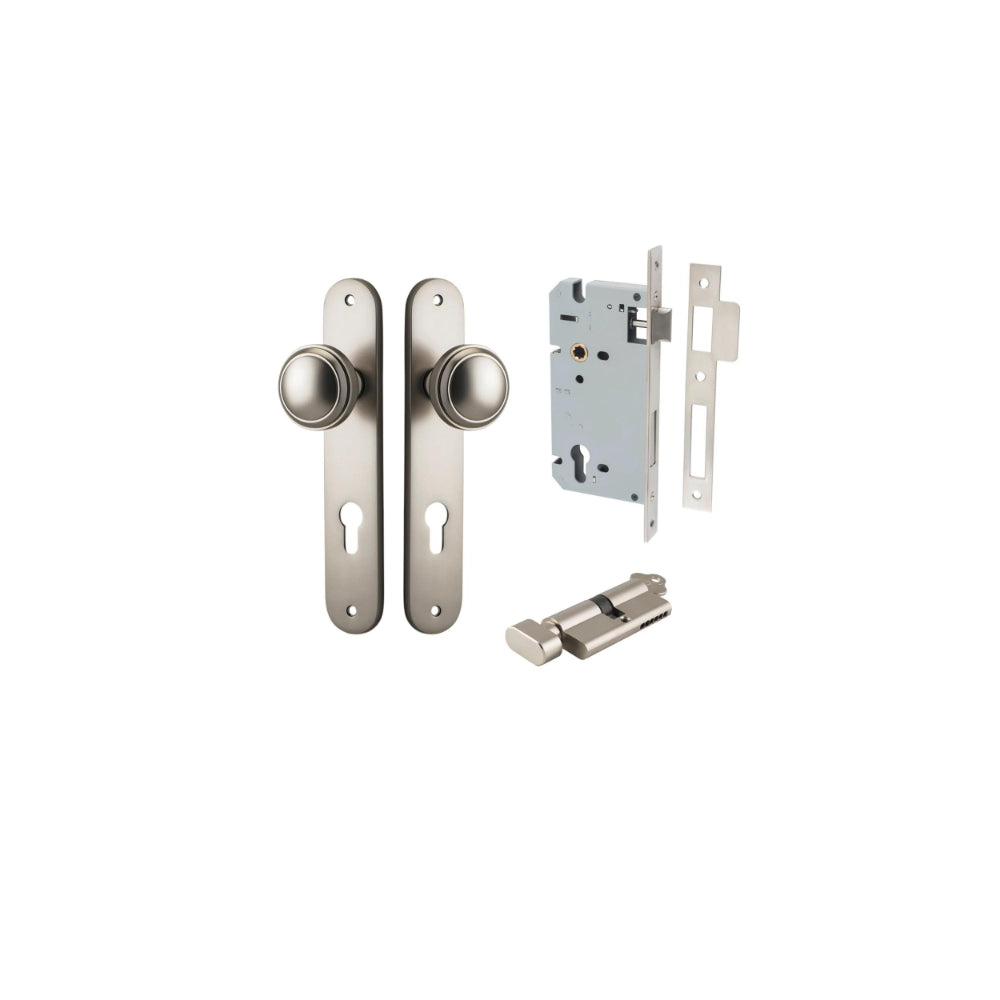 Door Knob Paddington Oval Euro Satin Nickel CTC85mm H240xW40xP68mm Entrance Kit, Mortice Lock Euro Satin Nickel CTC85mm Backset 60mm, Euro Cylinder Key Thumb 6 Pin Satin Nickel L70mm KA1 in Satin Nickel