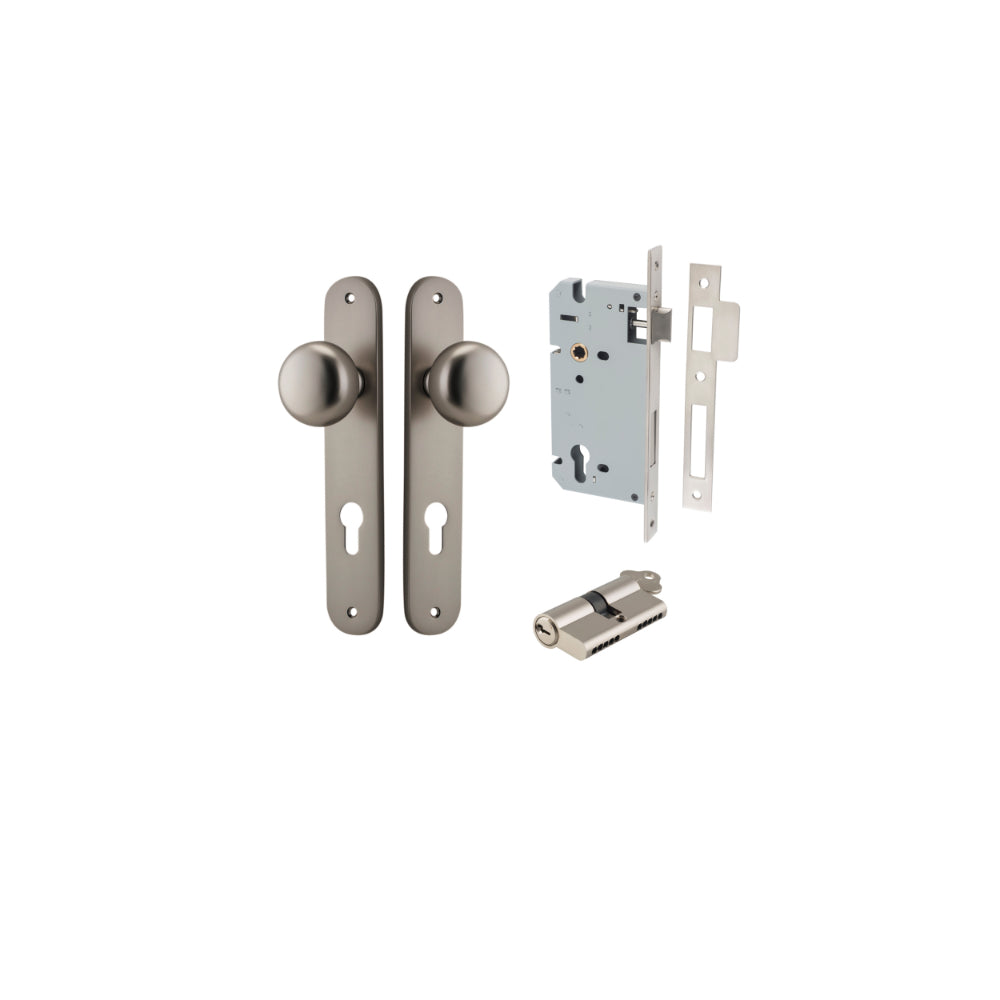 Door Knob Cambridge Oval Euro Satin Nickel CTC85mm H240xW40xP67mm Entrance Kit, Mortice Lock Euro Satin Nickel CTC85mm Backset 60mm, Euro Cylinder Dual Function 5 Pin Satin Nickel L65mm KA1 in Satin Nickel