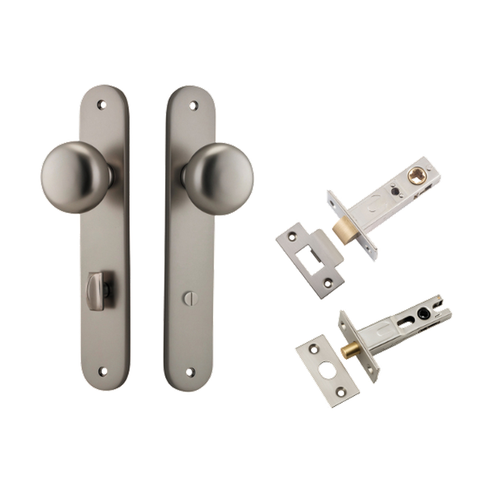 Door Knob Cambridge Oval Privacy Satin Nickel CTC85mm H240xW40xP67mm Inbuilt Privacy Kit, Tube Latch Split Cam 'T' Striker Satin Nickel Backset 60mm, Privacy Bolt Round Bolt Satin Nickel Backset 60mm in Satin Nickel