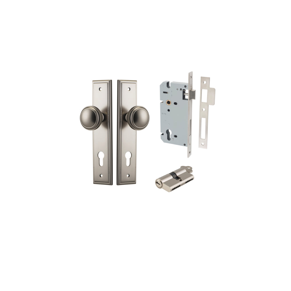 Door Knob Paddington Stepped Euro Satin Nickel CTC85mm H240xW50xP68mm Entrance Kit, Mortice Lock Euro Satin Nickel CTC85mm Backset 60mm, Euro Cylinder Dual Function 5 Pin Satin Nickel L65mm KA1 in Satin Nickel