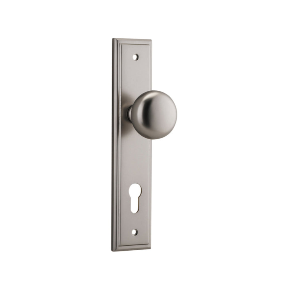 Door Knob Cambridge Stepped Euro Satin Nickel CTC85mm H237xW50xP67mm in Satin Nickel