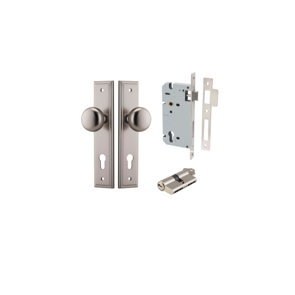 Door Knob Cambridge Stepped Euro Satin Nickel CTC85mm H240xW50xP67mm Entrance Kit, Mortice Lock Euro Satin Nickel CTC85mm Backset 60mm, Euro Cylinder Dual Function 5 Pin Satin Nickel L65mm KA1 in Satin Nickel