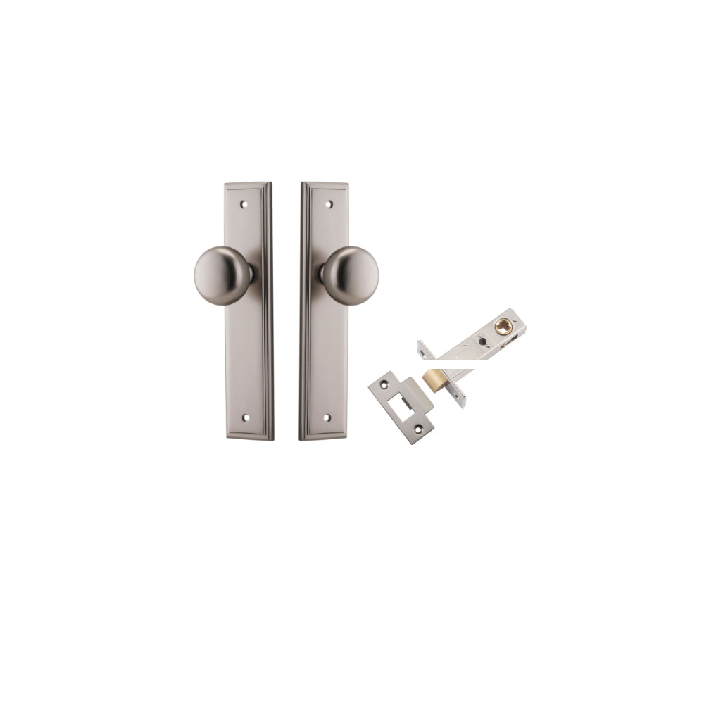 Door Knob Cambridge Stepped Latch Satin Nickel H240xW50xP67mm Passage Kit, Tube Latch Split Cam 'T' Striker Satin Nickel Backset 60mm in Satin Nickel