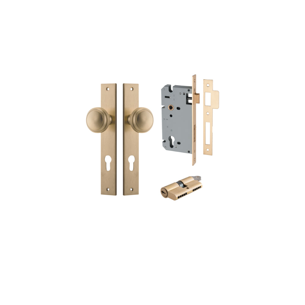Door Knob Paddington Rectangular Euro Brushed Brass CTC85mm H240xW38xP68mm Entrance Kit Mortice Lock Euro Brushed Brass CTC85mm Backset 60mm, Euro Cylinder Dual Function 5 Pin Brushed Brass L65mm KA1 in Brushed Brass