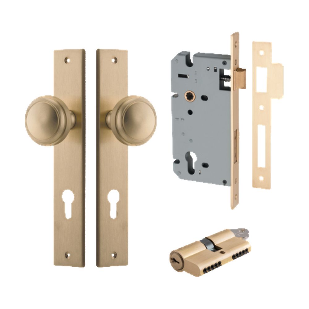 Door Knob Paddington Rectangular Euro Brushed Brass CTC85mm H240xW38xP68mm Entrance Kit Mortice Lock Euro Brushed Brass CTC85mm Backset 60mm, Euro Cylinder Dual Function 5 Pin Brushed Brass L65mm KA1 in Brushed Brass