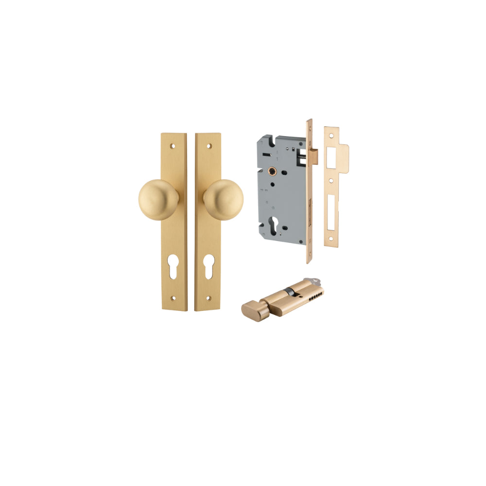 Door Knob Cambridge Rectangular Euro Satin Brass CTC85mm H240xW38xP67mm Entrance Kit Mortice Lock Euro Brushed Brass CTC85mm Backset 60mm, Euro Cylinder Key Thumb 6 Pin Brushed Brass L70mm KA1 in Brushed Brass