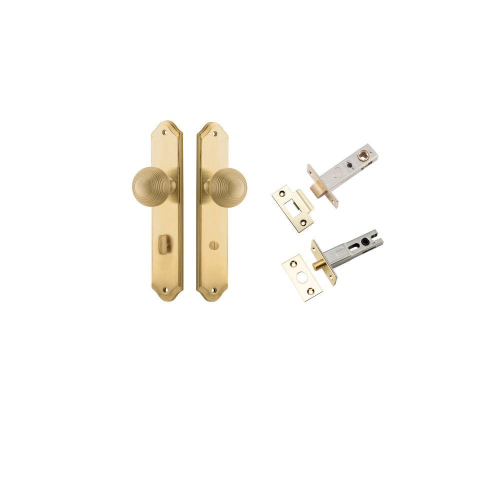 Door Knob Guildford Shouldered Privacy Brushed Brass CTC85mm D53xP74mm BPH250xW48mm Privacy Kit, Tube Latch Split Cam 'T' Striker Brushed Brass Backset 60mm, Privacy Bolt Round Bolt Brushed Brass Backset 60mm in Brushed Brass