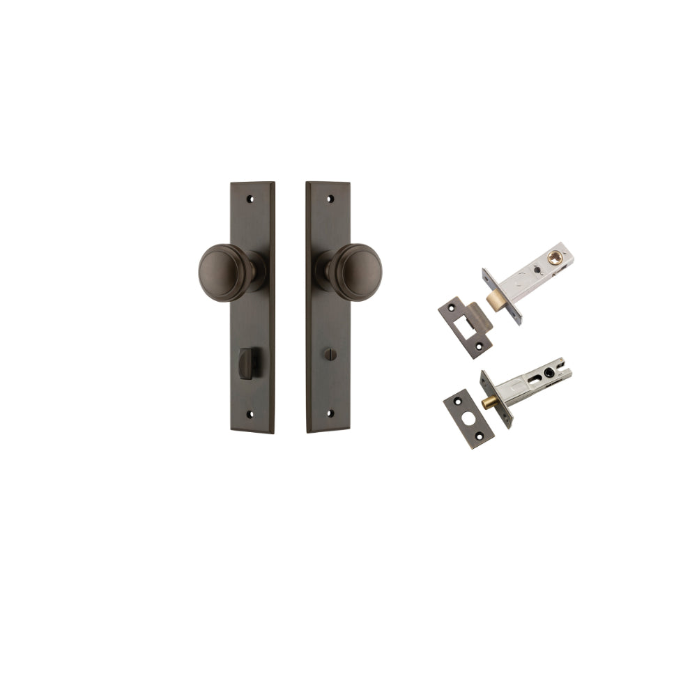 Door Knob Paddington Chamfered Privacy Brushed Brass CTC85mm D55xP63mm BPH240xW50mm Privacy Kit, Tube Latch Split Cam 'T' Striker Brushed Brass Backset 60mm, Privacy Bolt Round Bolt Brushed Brass Backset 60mm in Signature Brass