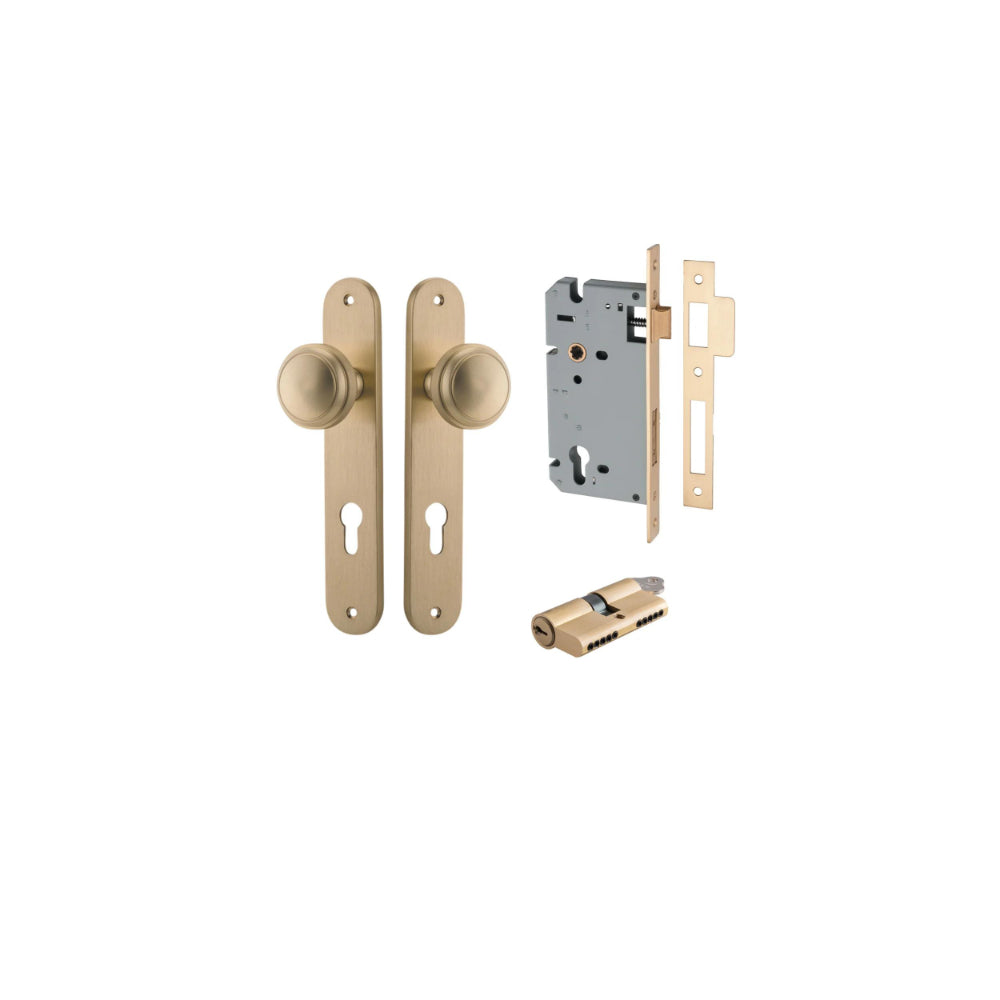 Door Knob Paddington Oval Euro Brushed Brass CTC85mm H240xW40xP68mm Entrance Kit, Mortice Lock Euro Brushed Brass CTC85mm Backset 60mm, Euro Cylinder Dual Function 5 Pin Brushed Brass L65mm KA1 in Brushed Brass