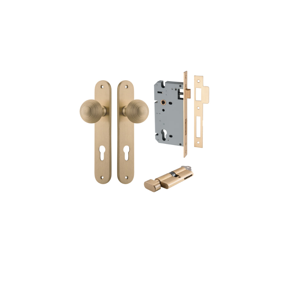 Door Knob Guildford Oval Euro Brushed Brass CTC85mm H240xW40xP60mm Entrance Kit, Mortice Lock Euro Brushed Brass CTC85mm Backset 60mm, Euro Cylinder Key Thumb 6 Pin Brushed Brass L70mm KA1 in Brushed Brass