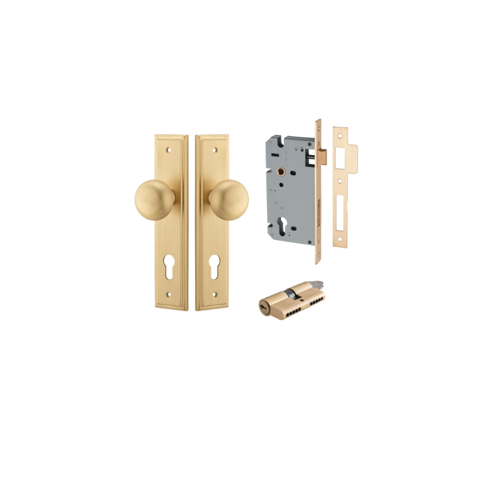 Door Knob Cambridge Stepped Euro Satin Brass CTC85mm H237xW50xP67mm Entrance Kit, Mortice Lock Euro Brushed Brass CTC85mm Backset 60mm, Euro Cylinder Dual Function 5 Pin Brushed Brass L65mm KA1 in Brushed Brass